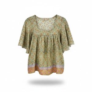 Indie Ella Womens 100% Silk Boho Babydoll Blouse Green Orange Floral OS